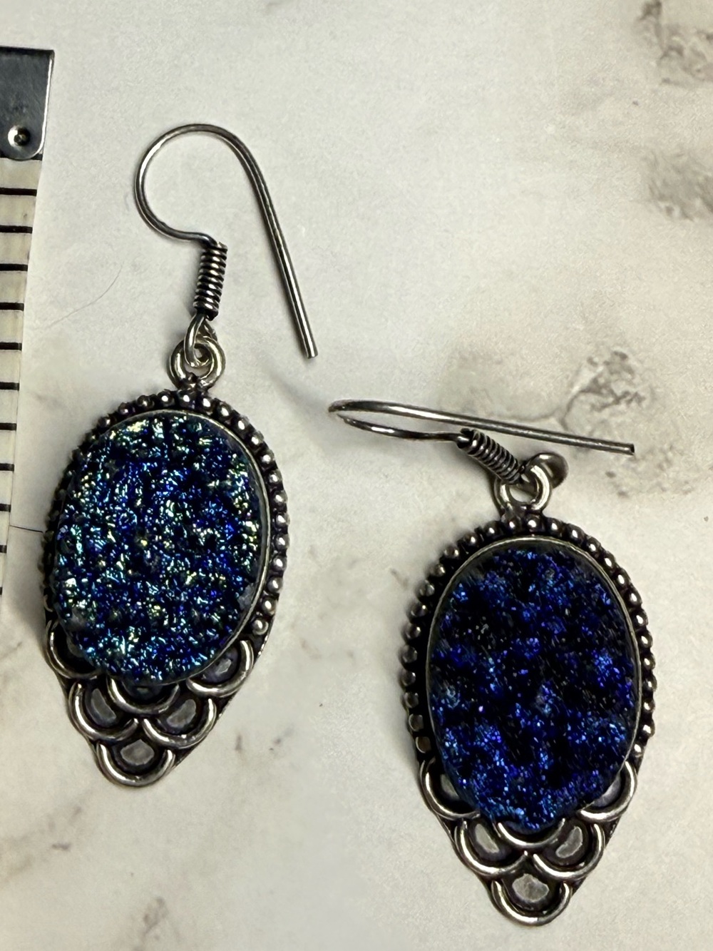 Titanium Druzy Oval Drop Earrings - Blue